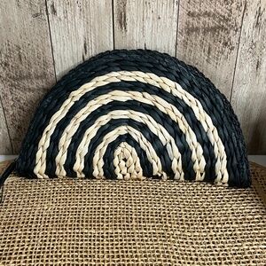 Half Moon Woven Straw Clutch Black Tan Boho Crescent Bag Summer Beach
